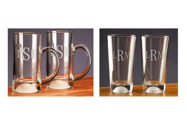 Pint glasses with an embedded golf ball print in the bottom; can be personalized.