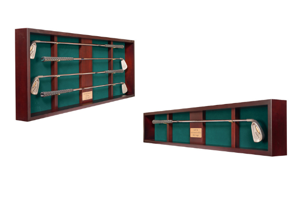 Golf club shadow display boxes can feature up to four golf clubs and can be personalized.