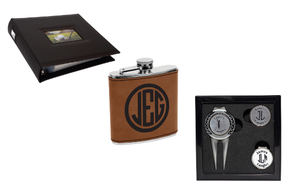A golf scorecard book, personalized flask, and divot tool set from Great Golf Memories.